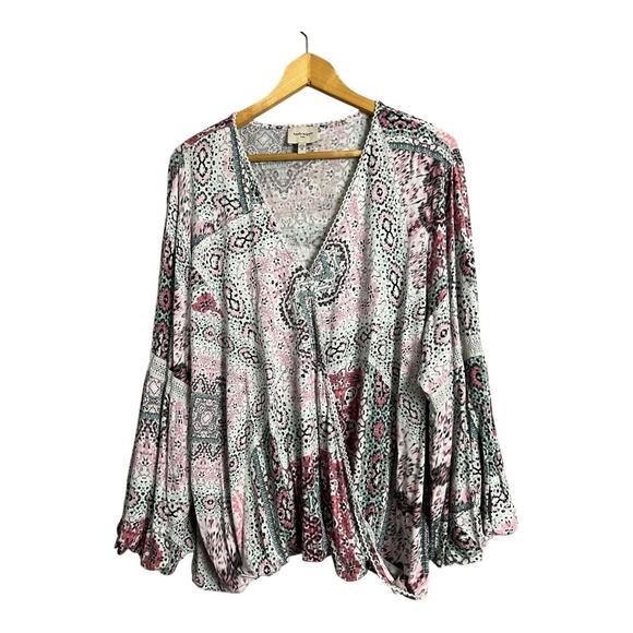 Haute Hippie Tribe Floral Surplice V-Neck Blouse Pink Women's 3X Boho Festival - Picture 1 of 8
